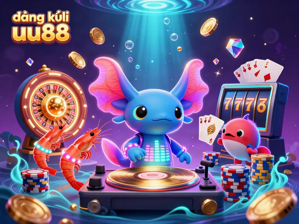 Experience đăng ký uu88 with vibrant underwater casino characters spinning records and coins floating in a dazzling party scene.