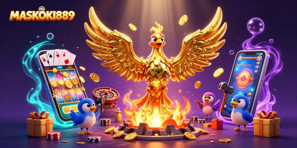 Play slots and win with MASKOKI889 featuring a striking golden phoenix and dynamic casino elements.