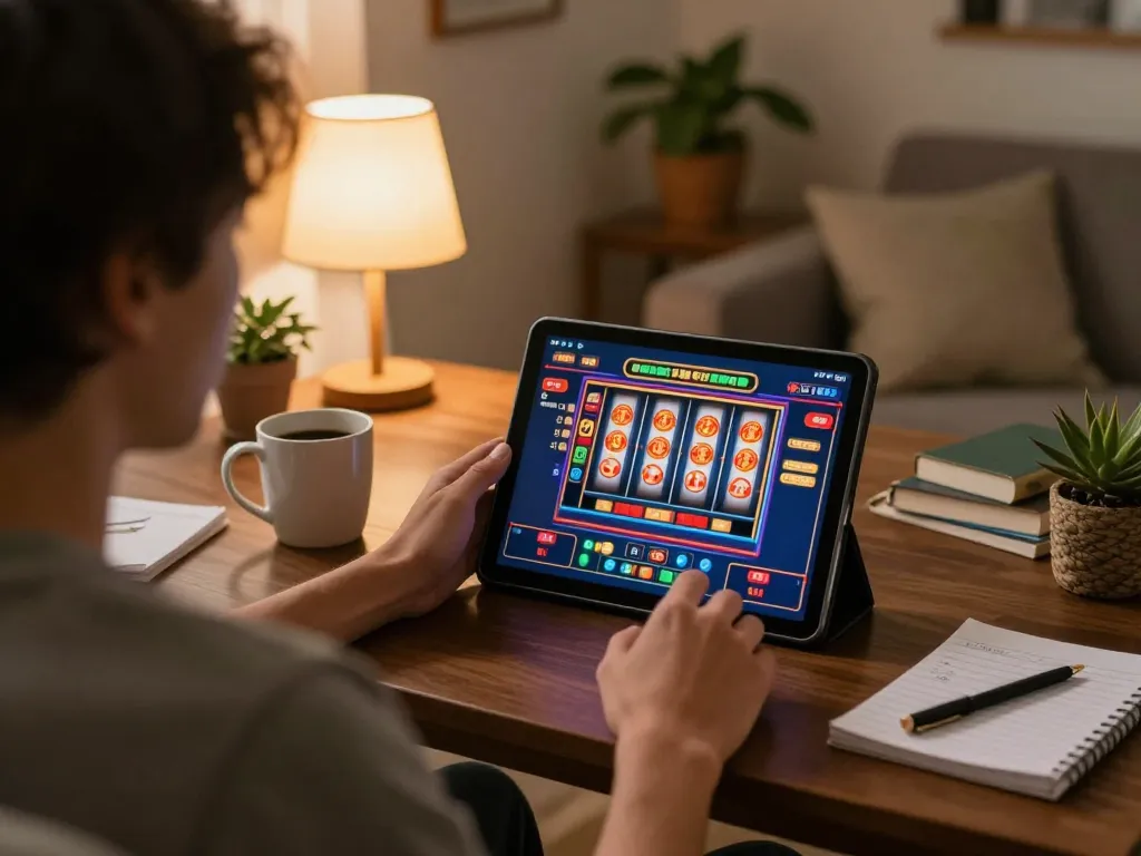 Player enjoying slot games on sunwin during relaxing home gaming session, capturing strategic leisure time.