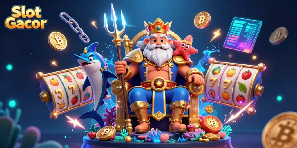 Experience thrilling gameplay with our Slot Gacor scene featuring vibrant slot reels, a majestic sea king, and electrifying casino elements.