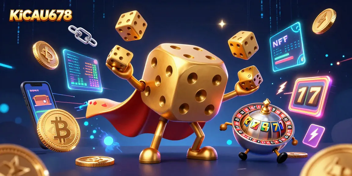 KICAU678 showcases a vibrant 3D casino scene with golden dice and crypto elements, highlighting slot game excitement.