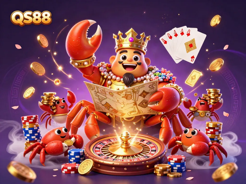 Experience the vibrant world of QS88 with a golden crab emperor amidst casino treasures and excitement.