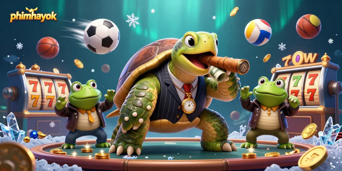 phimhayok showcases a dynamic casino scene featuring a snapping turtle in a mobster suit among sports elements and slot machines.