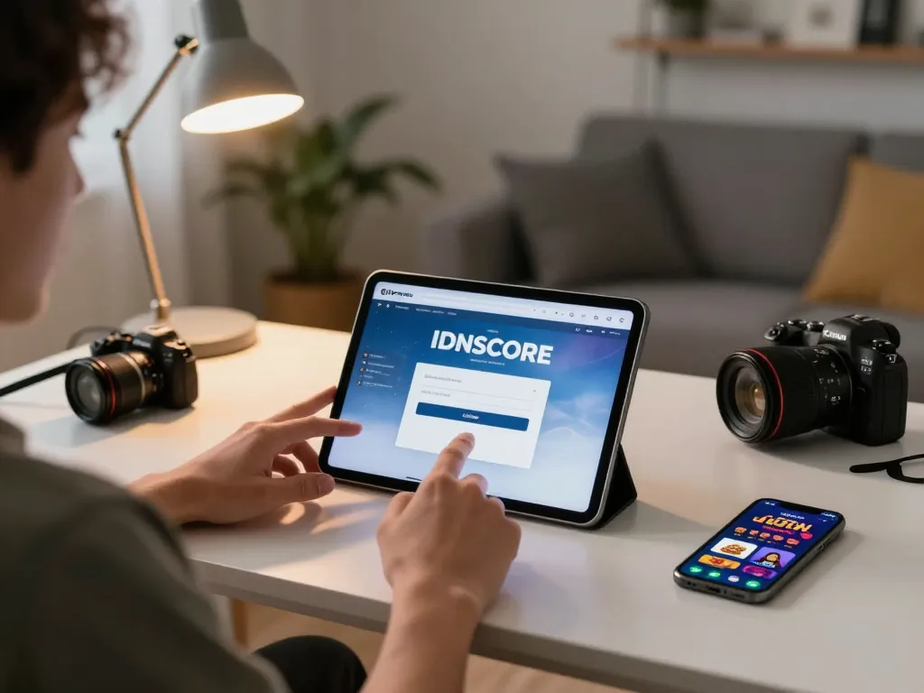 IDNSCORE LOGIN access shown on tablet, blending competition and relaxation in a modern home setup.