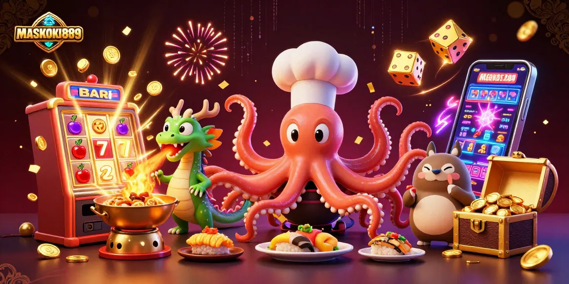 Engage with the thrilling scene featuring MASKOKI889 where an octopus chef and a dragon create golden dishes in a vibrant casino.