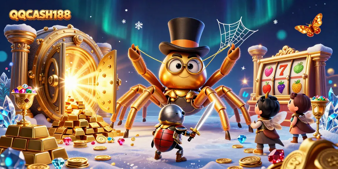 Experience excitement at QQCASH188 with golden treasures and thrilling slot symbols in a vibrant casino scene.