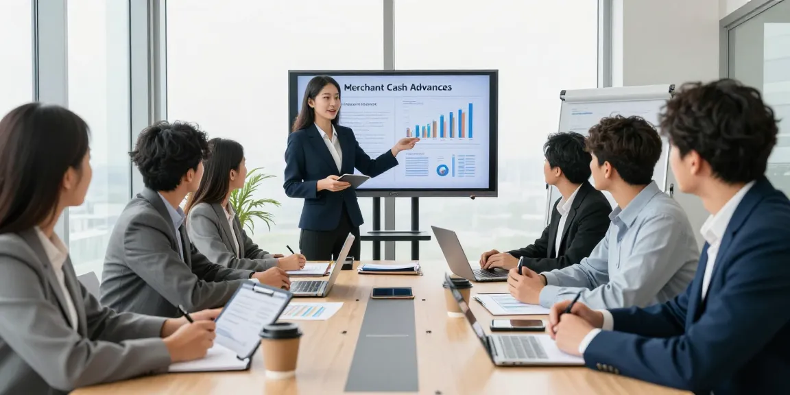 Collaborative meeting discussing merchant cash advance London strategies in a professional office