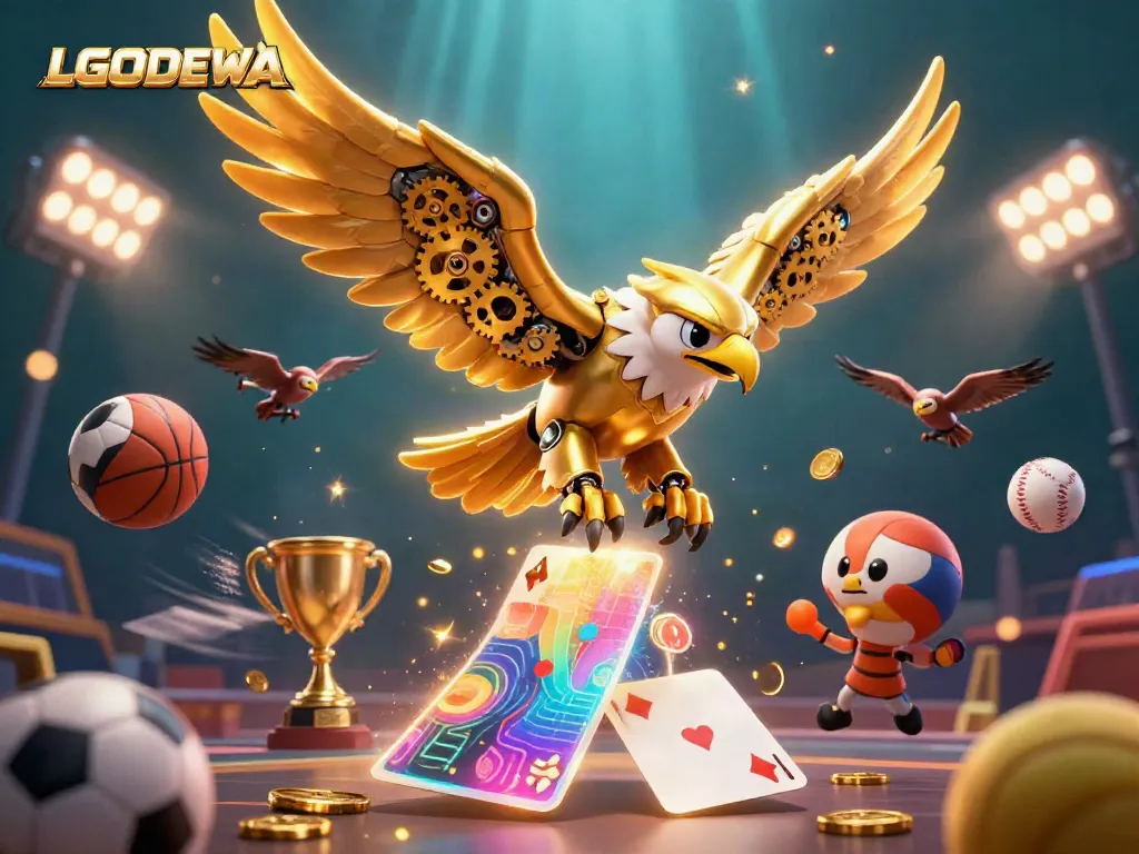 Engage with LGODEWA's thrilling gaming experience featuring a cybernetic golden eagle diving through holographic cards.