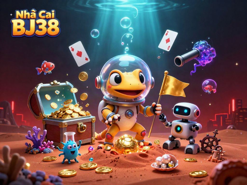 Engage with Nhà cái BJ38's dynamic gambling adventure featuring a Martian gecko and exciting casino treasures.