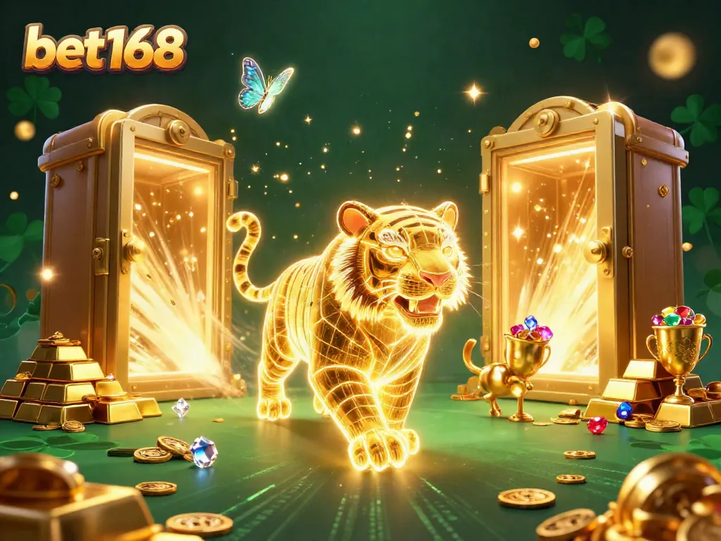 Experience thrilling wins at bet168 with a vibrant casino scene featuring a golden tiger and sparkling treasures.