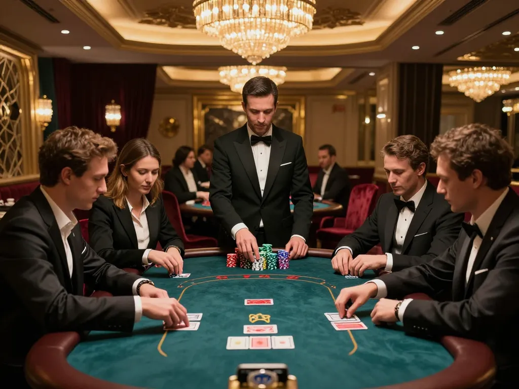 Engaged players at Fun88's upscale poker table enjoying a high-stakes game in luxury atmosphere