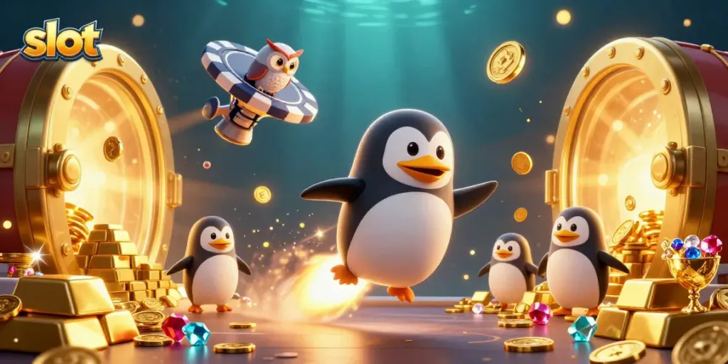 Immerse in the slot experience with a golden penguin speeding toward a casino-themed space.