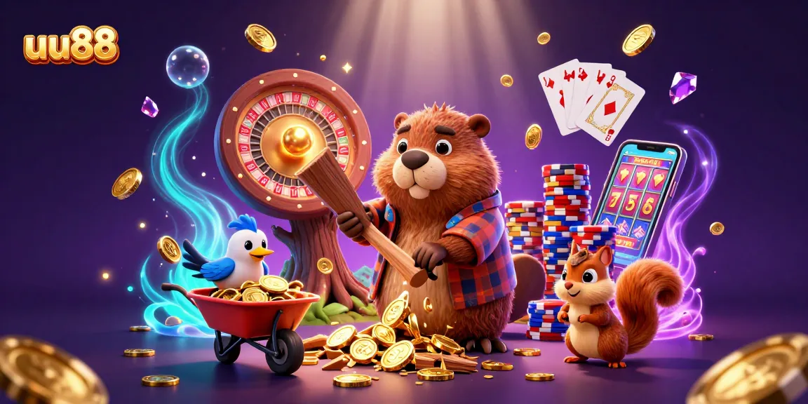 uu88 players enjoying a vibrant casino scene with beaver chopping a coin tree and colorful game elements