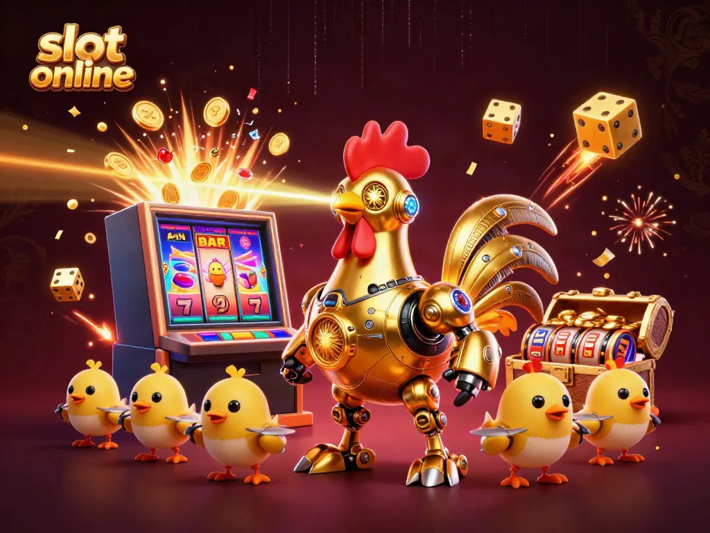 Engage with slot online in a vibrant casino scene featuring a golden rooster robot and baby chick drones.