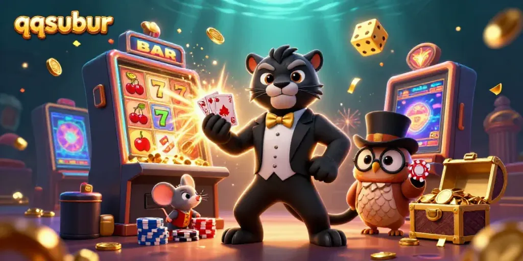 Experience the excitement of qqsubur with a cartoon scene of a stylish panther dealing cards amidst a jackpot explosion.