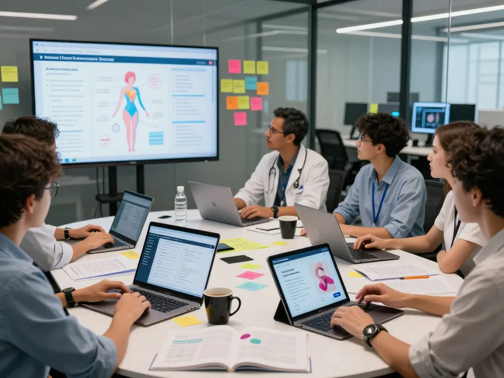 AI sex technology research team analyzing data and prototypes in a collaborative workspace