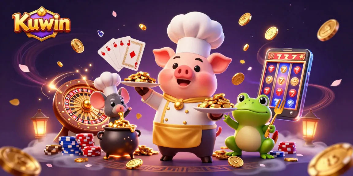 Kuwin's vibrant casino scene with a chef pig, sous-chef mouse, and critic frog enjoying gold coins.