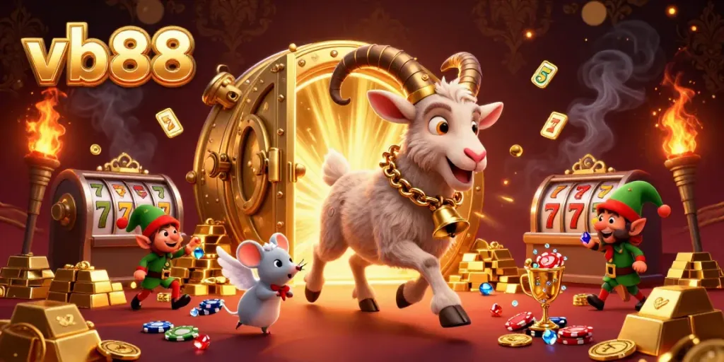 Experience thrilling moments at vb88 with a lively scene of a Krampus-themed casino, featuring playful characters and extravagant treasures.