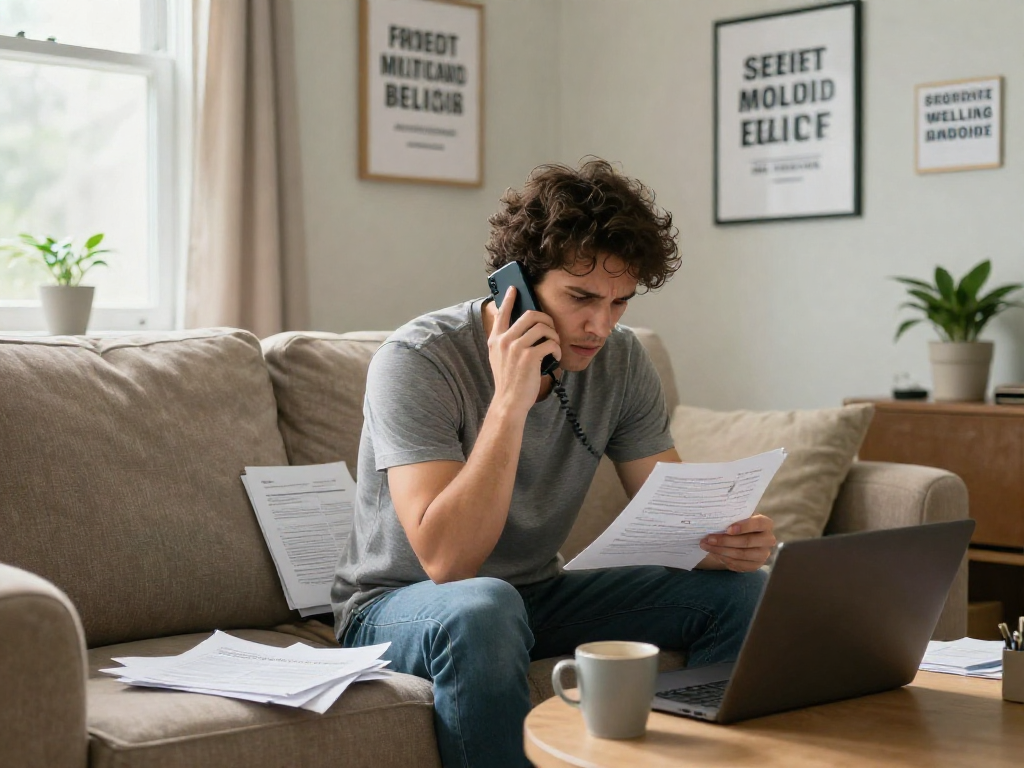 A stressed individual consulting with a financial advisor about Credit Consolidation Canada in a cozy home setting.
