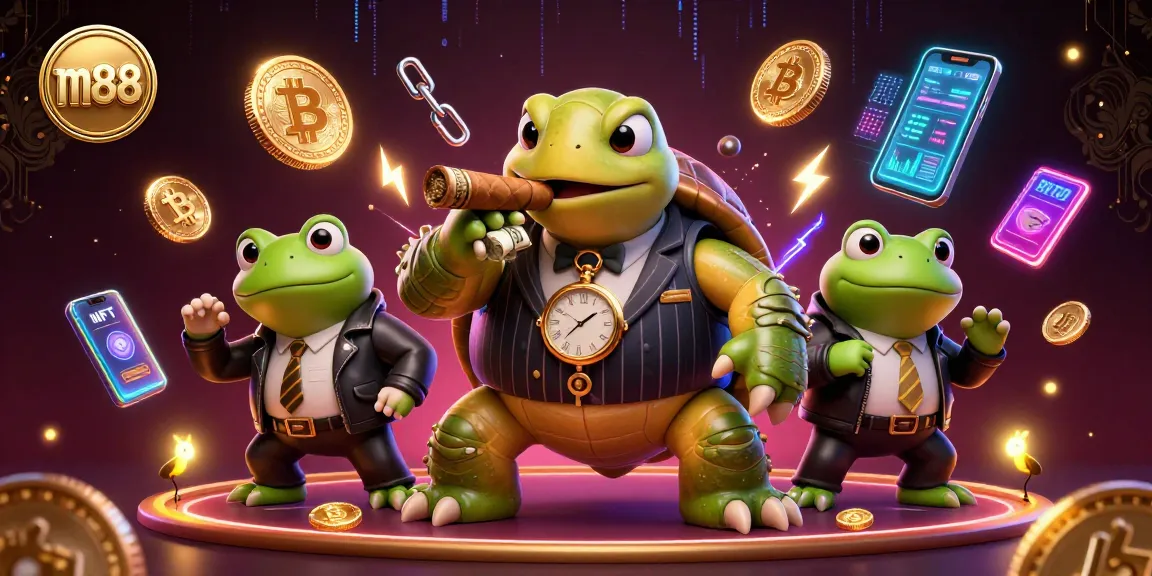Experience vibrant m88 casino excitement with cartoon characters amid glowing crypto elements.