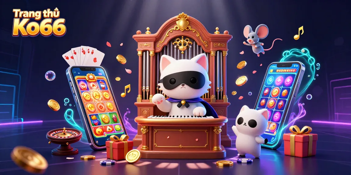 Experience the excitement of gaming at Trang chủ Ko66, featuring a dynamic casino scene with slot games and vibrant characters.