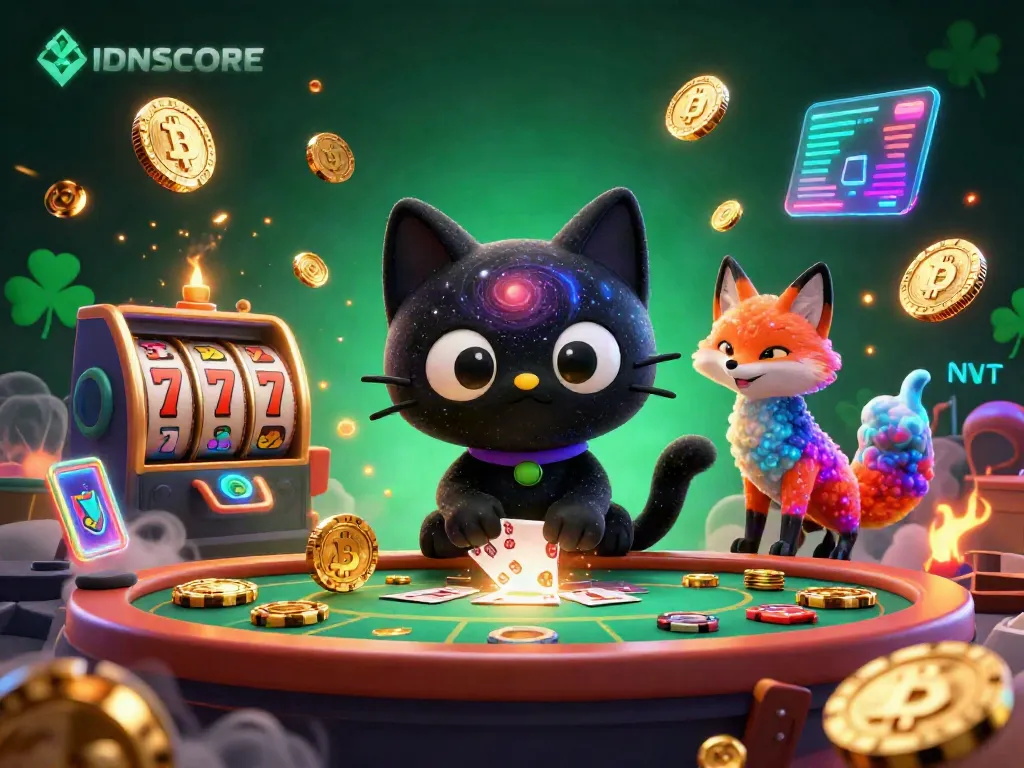 IDNSCORE showcases an engaging cosmic casino scene with a black hole cat and nebula fox pulling in winning chips.