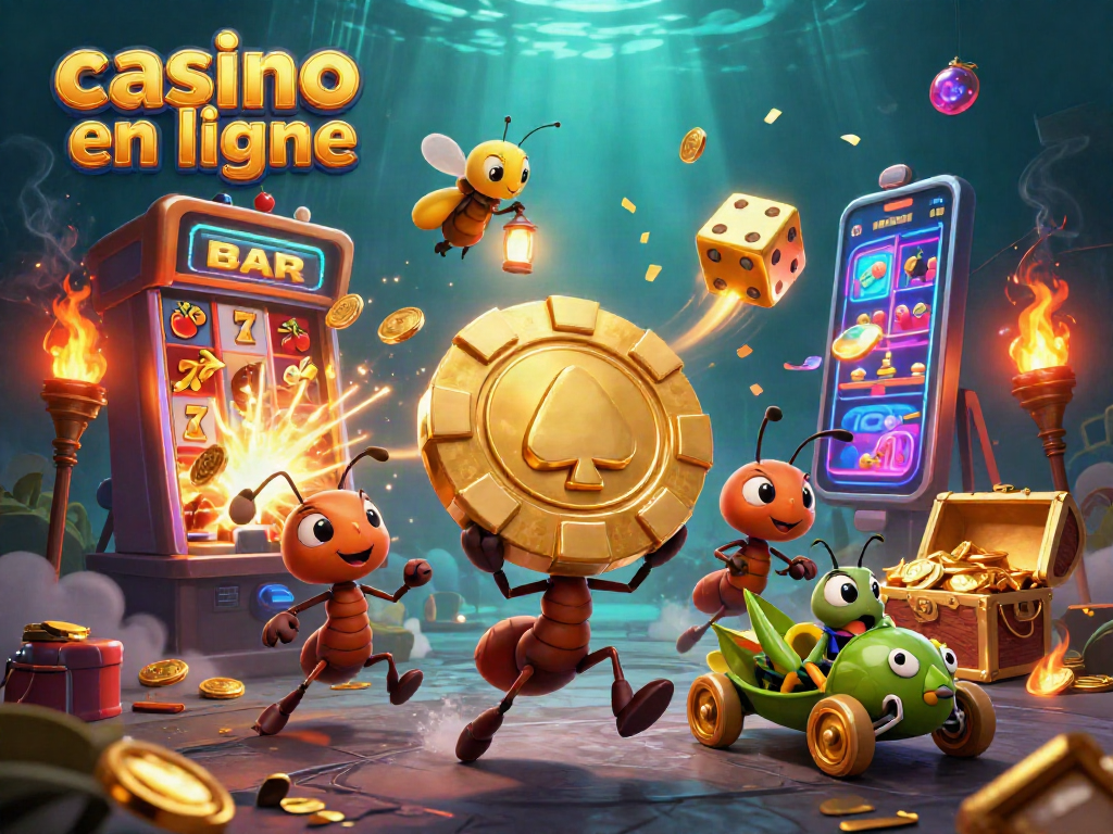 Les personnages de casino en ligne s'échappent avec des jetons dorés et des machines à sous éclatantes.