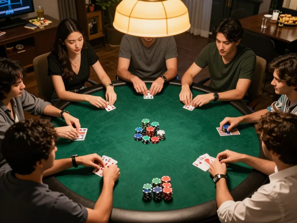 abc8 players strategizing and enjoying intense poker game night around a round table with warm lighting.