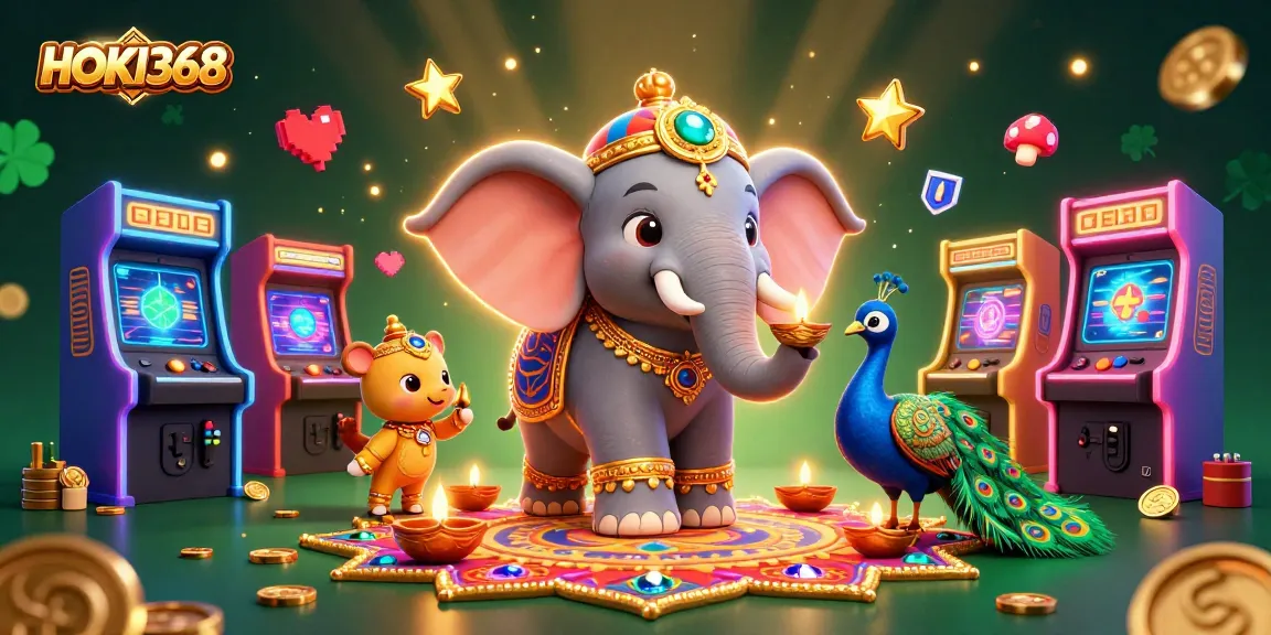 Engage with HOKI368, a vibrant 3D casino illustration showcasing a dynamic gaming atmosphere with colorful characters and arcade elements.
