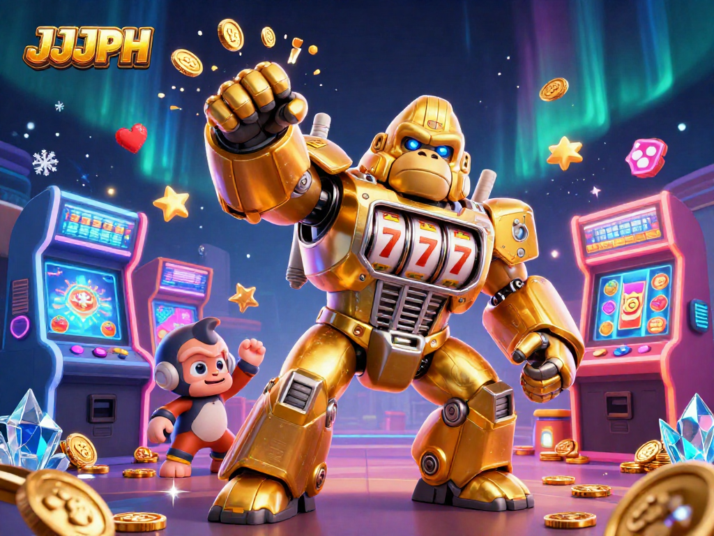 Experience thrilling gameplay with JJJPH's golden gorilla mech showcasing slot machine excitement!