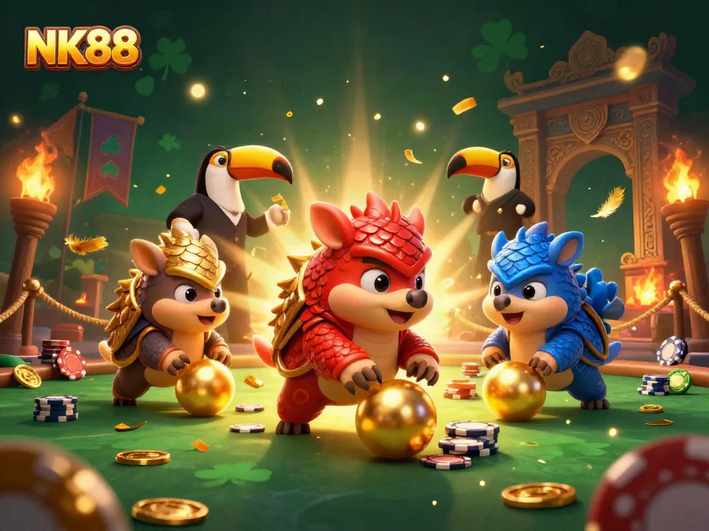 Engage with NK88 as rival pangolins battle in a 3D casino-themed illustration filled with dynamic elements.