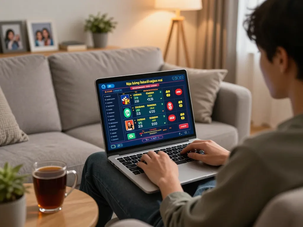 Engaging online betting for kèo bóng đá ngày mai on laptop in a cozy setting