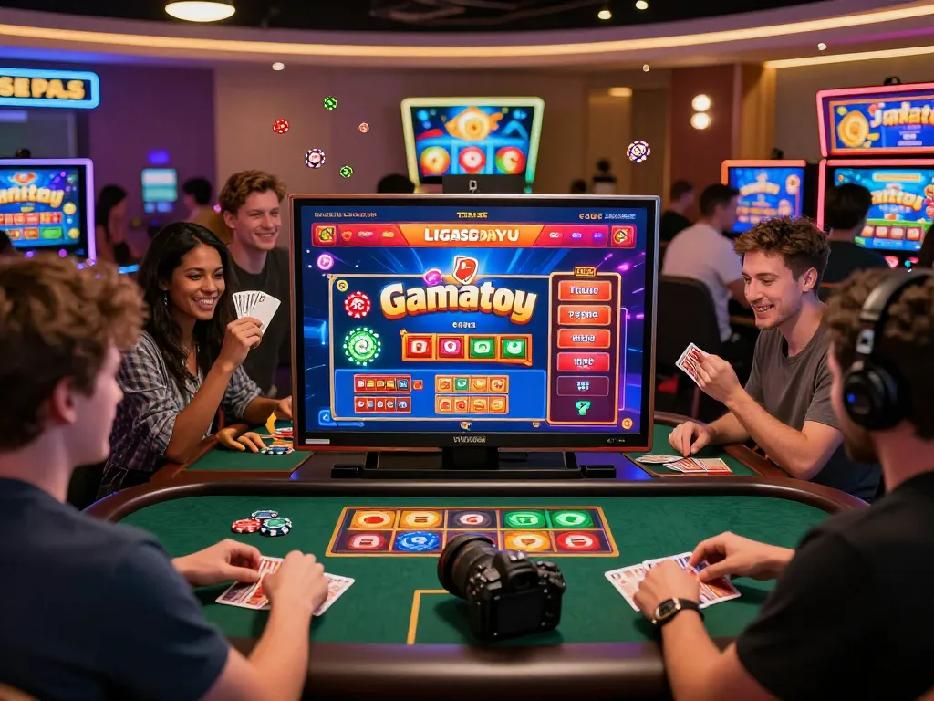 Engaging online gaming community on ligasedayu platform, showcasing diverse players celebrating their wins amidst vibrant digital casino graphics.