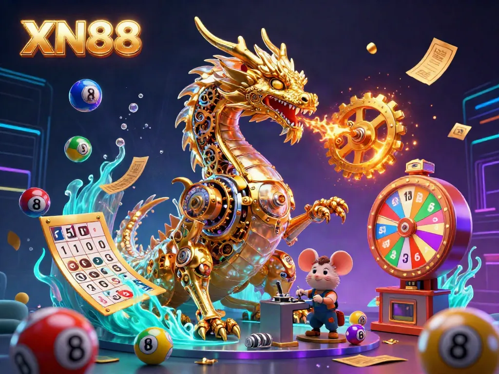 Experience the excitement of XN88 with a vibrant 3D scene featuring a golden dragon and dynamic lottery elements.