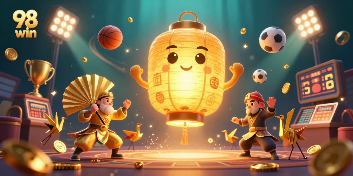 Experience the excitement of 98 win with a vibrant illustration of a golden lantern spirit amidst dynamic casino elements.