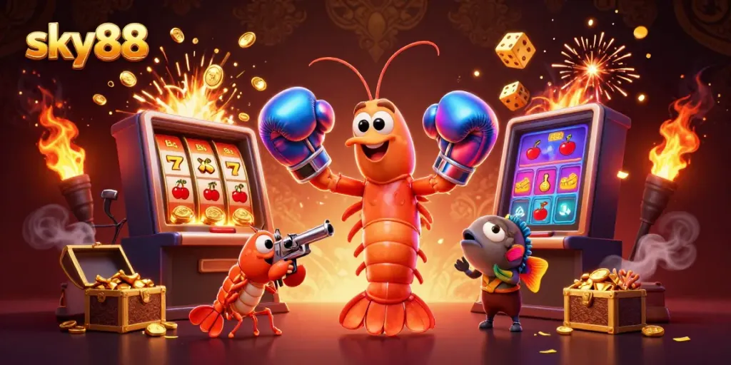 Experience the vibrant gambling world at sky88, featuring animated shrimp in a dynamic jackpot scene.