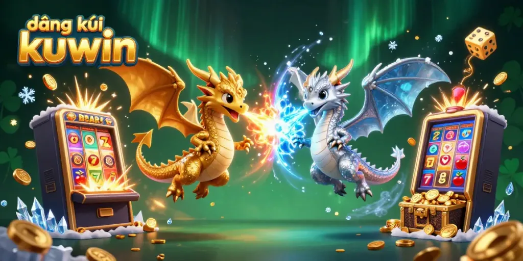 Win big with đăng ký kuwin in this vibrant casino-themed illustration showing 3D cartoon dragons and slot machine action.