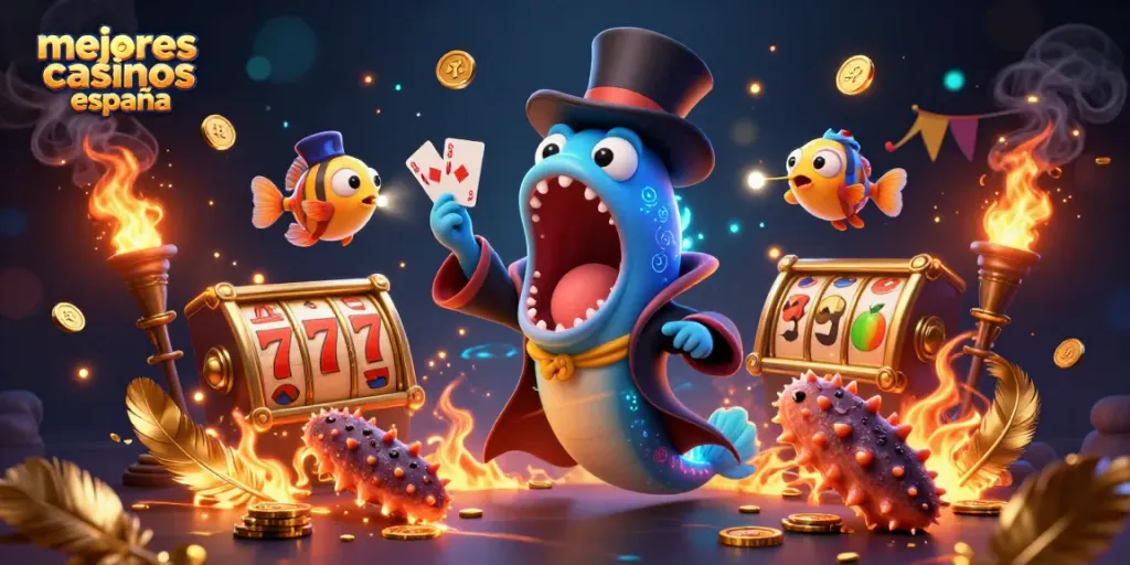 Ilustración de mejores casinos en España con un pez borrón y una anguila gulper realizando trucos de magia en un ambiente de casino.