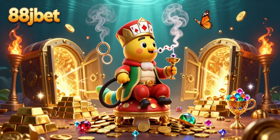 Engage with 88jbet’s dynamic casino scene showcasing a whimsical caterpillar master and treasure elements.