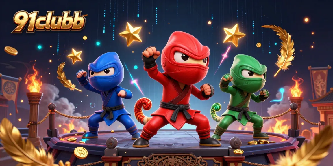 Engage with 91clubb through a thrilling battle of 3D ninja chameleons showcasing gambling excitement.