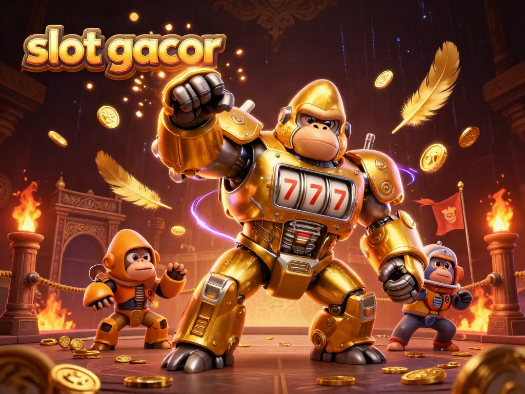 Engaging scene with a golden gorilla mech featuring slot gacor elements and dynamic action.