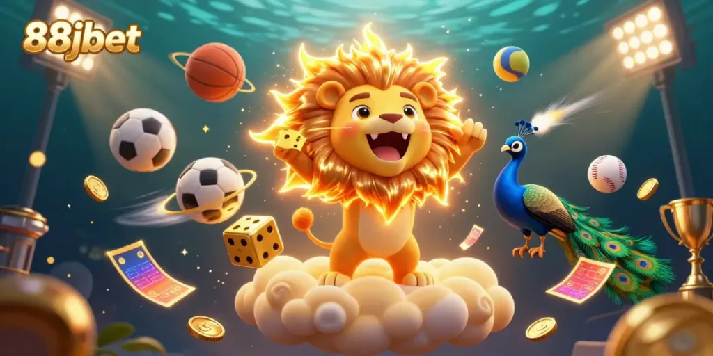 Engage with thrilling moments at 88jbet featuring a victorious lion, dynamic sports balls, and golden dice.