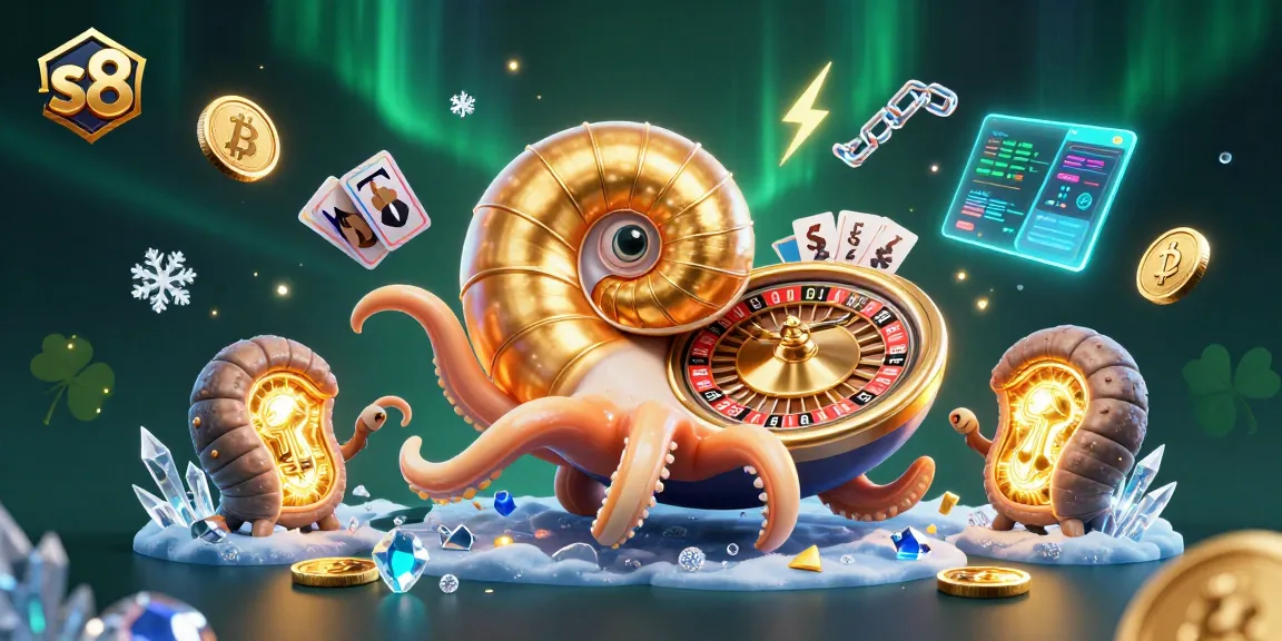 Win big with s8's vibrant casino scene, featuring a giant nautilus and glowing crypto coins.