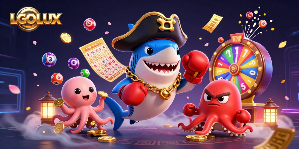 Experience excitement with LGOLUX as cartoon characters celebrate winnings amidst vibrant gambling elements.