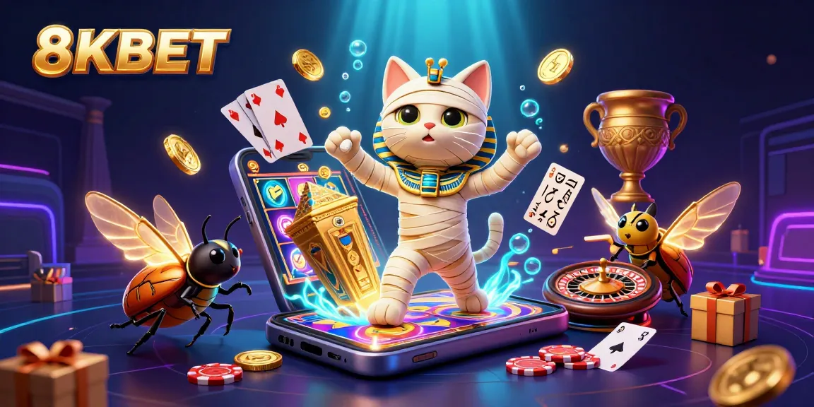 Spin to win at 8KBET with the dynamic scene of a mummy cat in a pyramid casino.