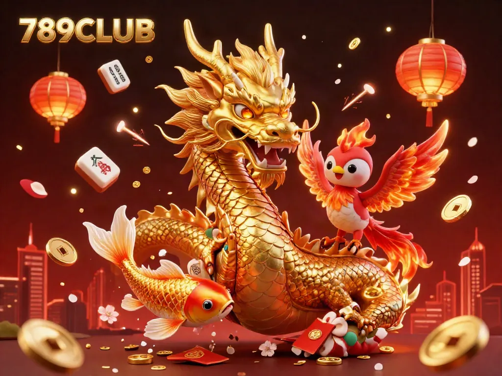 Experience dynamic gaming with 789CLUB featuring vibrant characters, coins, and festive elements.