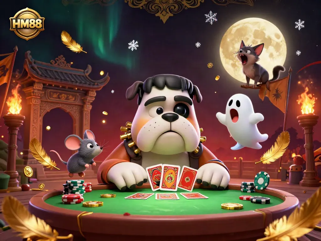 Engaging characters in an HM88 casino scene, featuring a Frankenstein bulldog dealing cards and a ghost mouse hovering over chips.