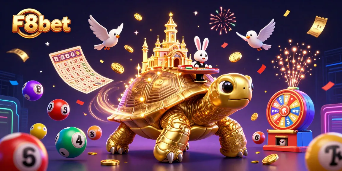 Spin the reels and win big on F8bet with an exciting casino scene filled with golden coins and vibrant lottery elements.