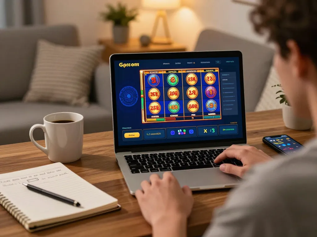 Player enjoying Slot Gacor online gaming on a laptop with personalized betting strategies