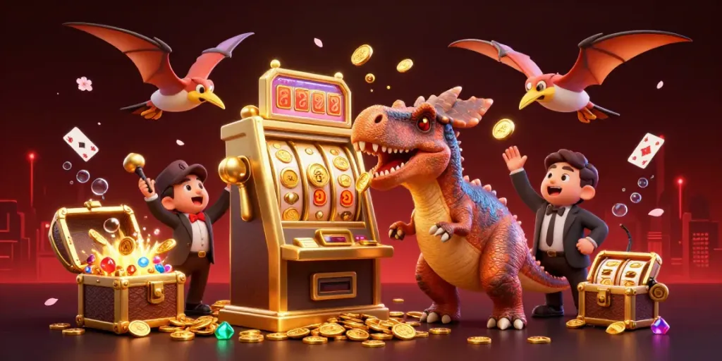Xoilac slots carnival scene featuring dinosaurs and colorful treasures, celebrating big wins.